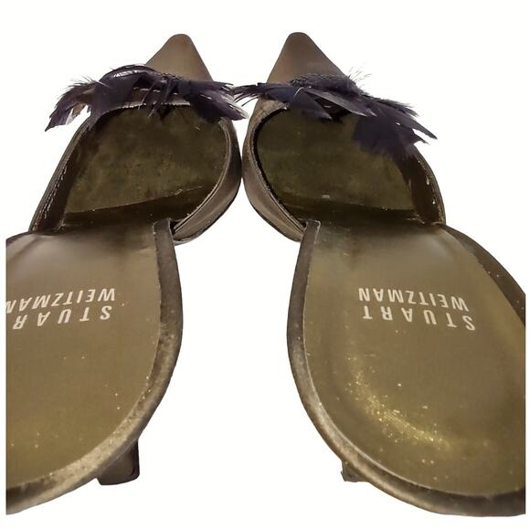 Stuart Weitzman Brown Satin Mule Heels Size 9 Pointy Toes Embellished Feathers - Picture 9 of 12